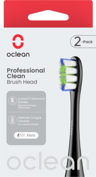 Front view of Oclean Professional Clean Brush Head 2-pack, black with firm bristles on grey packaging.