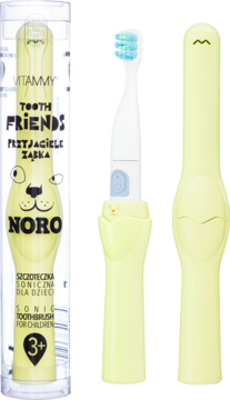 Pale yellow VITAMMY Noro sonic toothbrush for children, with protective cover, shown in packaging and out.