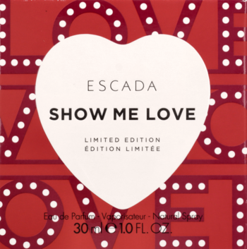 Czerwone opakowanie perfum Escada Show Me Love Limited Edition 30ml, z białym sercem i wzorem LOVE.
