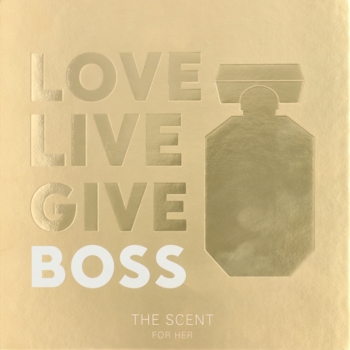 Golden square Hugo Boss The Scent For Her gift set box, embossed with 'LOVE LIVE GIVE BOSS' text and perfume bottle.