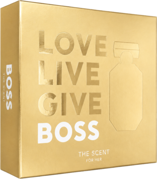Złoty, błyszczący zestaw Hugo Boss The Scent for Her, z tekstem LOVE LIVE GIVE BOSS i konturem flakonu.