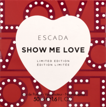 Czerwone pudełko perfum Escada Show Me Love 50ml z białym sercem i dużym napisem LOVE z białymi kropkami.