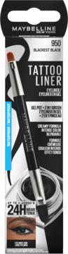 Maybelline Tattoo Liner 950 Blackest Black, wodoodporny eyeliner 24h z pędzelkiem, przód opakowania.
