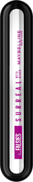 Maybelline The Falsies Surreal Meta Black tusz, czarna tubka z białym panelem, purpurowe napisy, widok z przodu.