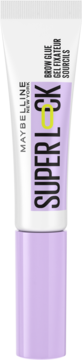 Maybelline Superlock Brow Glue, żel do brwi w białej tubce z lawendową nakrętką i żółtym detalem, widok z przodu.
