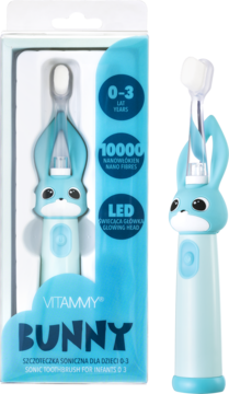 Vitammy Bunny, błękitna soniczna szczoteczka dla niemowląt 0-3 w opakowaniu, z uszami królika i LED.