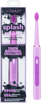 Fioletowa szczoteczka soniczna VITAMMY Splash Purply, widok produktu w opakowaniu i obok na białym tle.