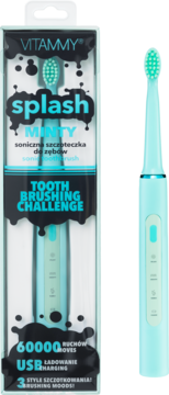 Miętowa szczoteczka soniczna VITAMMY Splash, opakowanie i produkt, widok z przodu, ładowanie USB.