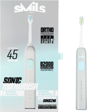 Biała szczoteczka soniczna VITAMMY Smils 82000 ruchów, w pudełku z napisem Ortho Program.