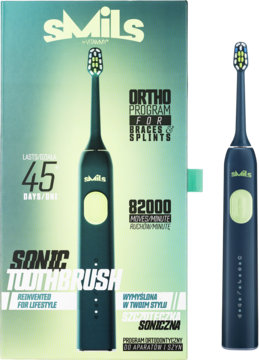 Szczoteczka soniczna VITAMMY Smils w granatowym kartonie i obok, granatowa z zielonymi detalami, widok z przodu.