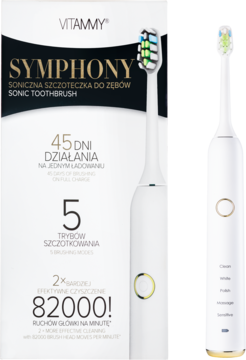 Biała szczoteczka soniczna Vitammy Symphony, 45 dni baterii, 5 trybów, obok pudełka produktu.