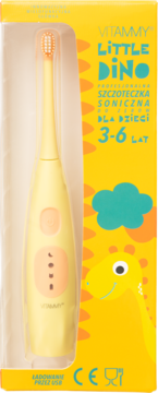 Żółta soniczna szczoteczka VITAMMY LITTLE DiNO dla dzieci 3-6 lat z ładowaniem USB, w pudełku.
