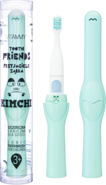 Miętowa szczoteczka soniczna Vitammy Kimchi dla dzieci, widok w opakowaniu, z główką i z osłoną.