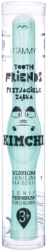 Miętowa szczoteczka soniczna VITAMMY TOOTH FRIENDS KIMCHI, 3+, z postacią, w przezroczystym cylindrze, widok z przodu.