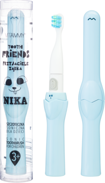 Błękitna szczoteczka soniczna VITAMMY NIKA dla dzieci 3+ w przezroczystym etui, z głowicą i osłoną.