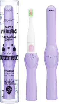 Fioletowa szczoteczka soniczna Vitammy Tooth Friends dla dzieci, z ochronną nasadką i w opakowaniu.