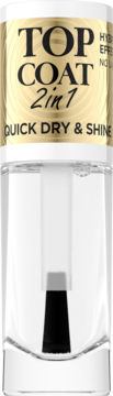 Eveline Gel Laque Top Coat 2w1, szybkoschnący. Przezroczysta butelka ze złotą etykietą, czarnym pędzelkiem, widok z przodu.