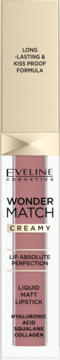 Różowa pomadka Eveline Wonder Match Creamy Liquid Matt, z formułą kiss proof, widok z przodu.