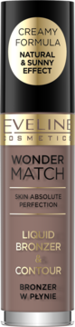 Eveline Wonder Match płynny bronzer i kontur, brązowa butelka z czarną nakrętką, widok z przodu.