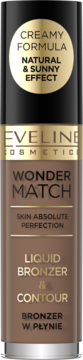Eveline Wonder Match płynny bronzer i kontur w brązowej butelce z czarną nakrętką, efekt naturalnej opalenizny, widok frontalny.