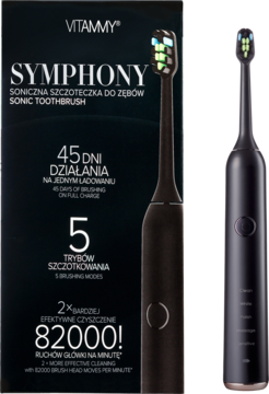 Dwie czarne szczoteczki soniczne Vitammy Symphony: jedna przy pudełku, druga obok. Widoczne 45 dni pracy.