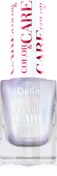 Delia Color&Care Therapy lakier do paznokci, perłowy, wzmacniający, w butelce z białą nakrętką, widok z przodu.