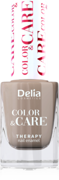Jasny beżowy lakier Delia Cosmetics Color&Care Therapy nail enamel, widok z przodu, butelka z białym korkiem.