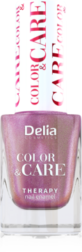 Delia Cosmetics Color & Care Therapy, różowy lakier do paznokci z połyskiem, szklana butelka, widok z przodu.