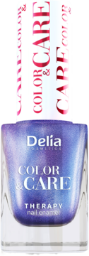Delia Color&Care, fioletowo-niebieski lakier do paznokci z terapią, wzmacniający, lustrzany połysk. Widok z przodu.