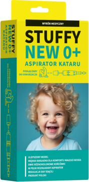 Stuffy NEW 0+ aspirator kataru, żółto-zielone opakowanie z uśmiechniętym dzieckiem, podłączany do odkurzacza.
