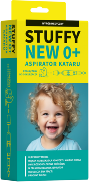 Stuffy NEW 0+ aspirator kataru, żółto-zielone opakowanie z uśmiechniętym dzieckiem, podłączany do odkurzacza.