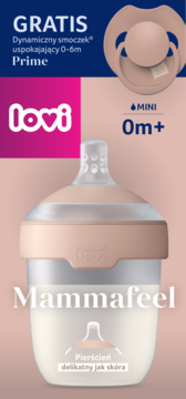 Butelka Lovi Mammafeel 0m+ beżowa z mlekiem, obok gratis smoczek uspokajający. Widok z przodu.