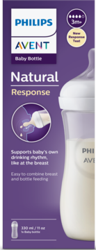 Fioletowe opakowanie butelki Philips Avent Natural Response 3m+, widok z przodu, z responsywnym smoczkiem.