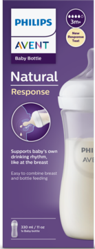 Fioletowe opakowanie butelki Philips Avent Natural Response 3m+, widok z przodu, z responsywnym smoczkiem.