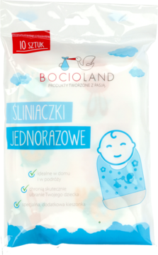 Bocioland, jednorazowe śliniaczki dla dzieci, 10 sztuk w przezroczystej torbie, z grafiką bobasa i niebieskimi chmurami.