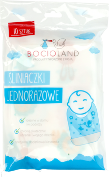 Bocioland, jednorazowe śliniaczki dla dzieci, 10 sztuk w przezroczystej torbie, z grafiką bobasa i niebieskimi chmurami.