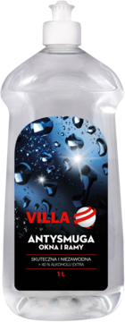 Villa Antysmuga płyn do mycia okien i ram z 40% alkoholem, 1L przezroczysta butelka z białą pompką.