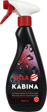Villa Kabina, czarny spray 500ml do kabin prysznicowych. Ergonomiczna butelka z czerwoną nakrętką i etykietą z kroplami.