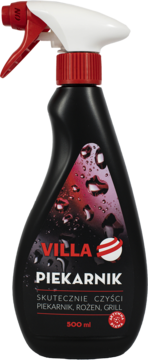 Czarny płyn do czyszczenia piekarnika Villa Piekarnik, butelka ze spryskiwaczem, czerwony kurek, widok z przodu.