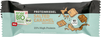 Baton proteinowy enerBiO Salted Caramel, miętowe opakowanie, 23% białka, z logo BIO i VEGAN.