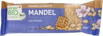 Niebieskie opakowanie batonika enerBio Mandelschnitte z napisem MANDEL, migdałami i nasionami chia, 60g.