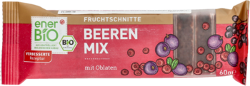 Baton enerBio Beeren Mix, owocowy bio-baton z wafelkiem, na różowym opakowaniu z jagodami i logo BIO.