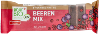 Baton enerBio Beeren Mix, owocowy bio-baton z wafelkiem, na różowym opakowaniu z jagodami i logo BIO.