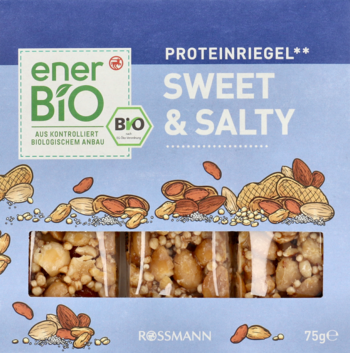 enerBiO Sweet & Salty baton proteinowy Rossmann. Niebieskie opakowanie z orzechami, widok przodu, trzy batony w okienku.