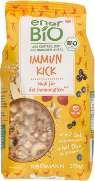 Żółte opakowanie enerBiO Immun Kick Musli 375g z okienkiem, widoczne owoce i orzechy nerkowca.
