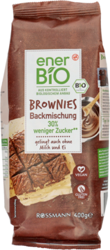 EnerBiO Brownie Backmischung 400g, brązowa torba, przód, info: 30% mniej cukru, vegan, bez glutenu.