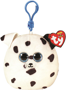Okrągły pluszak Ty Squishy Beanie Babies Fetch dalmatyńczyk, biały z kropkami, niebieski klips, widok z przodu.