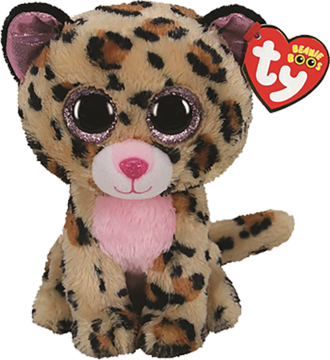 Maskotka Ty Beanie Boos leopard 24cm, pluszowy, beżowy w cętki, z różowym noskiem i brokatowymi oczami.