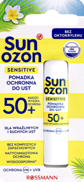 Żółto-białe opakowanie pomadki ochronnej Sunozon Sensitive SPF 50+ do ust, z widokiem sztyftu.