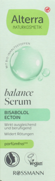 Alterra Balance Serum z bisabololem i ektoiną, miętowo-zielone opakowanie, widok z przodu, z tekstem i kroplami wody.